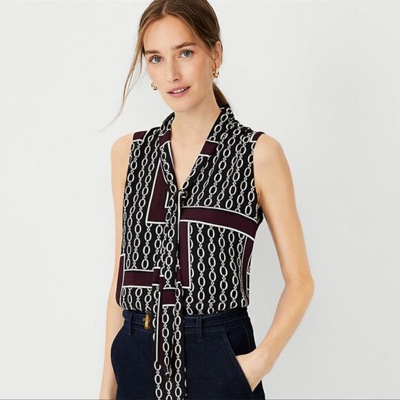 Ann Taylor SP Burgundy Black Ivory White Chainlink Sleeveless Shell Tie Blouse - Picture 2 of 13
